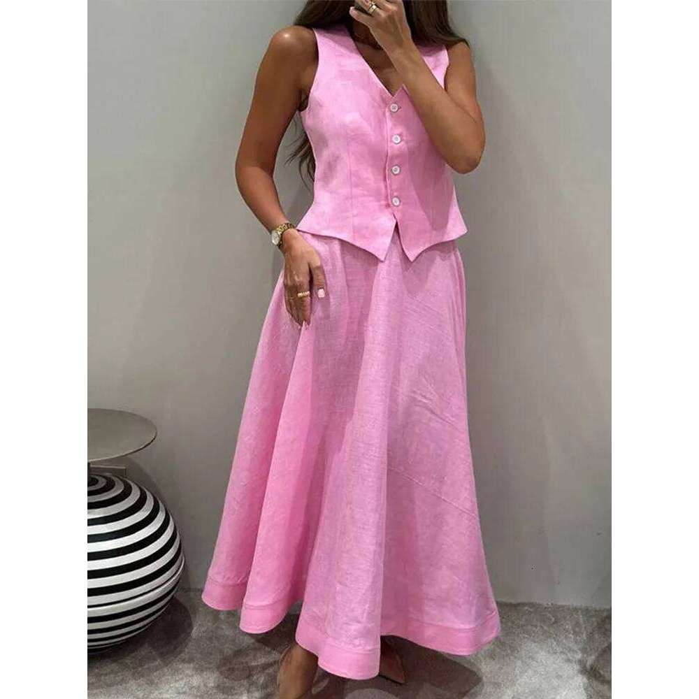 Women Vest Skirt Suit Solid O-neck Single Breasted Sleeve Short Top Button Wide Leg Skirts Female Summer Lady Beach Wears