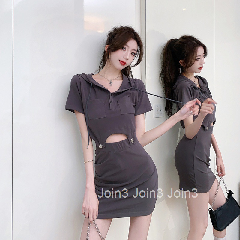 Summer New Women Pure Desire Style Sweet Cool Hot Girl Waist-Exposing Hooded Short Sleeve Top T-Shirt Half Skirt Set Dress