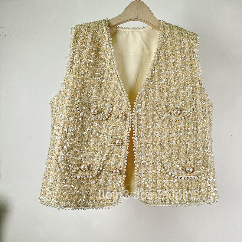 Socialite Autumn Winter New Style Heavy Sequins Beaded V-neck Cardigan Vest Jacket Short Womens Top Vest