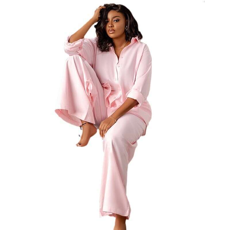 Women's Long Sleeve Shirt Cardigan Wide Leg Pants Casual Loose Two-Piece Set For Spring And Autumn B5