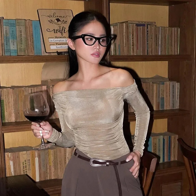 Women Tshirt Autumn Sexy Crop Top Off Shoulder Slim Solid Tees Long Sleeves Streetwear Pullover Asymmetrical Clothing 250729