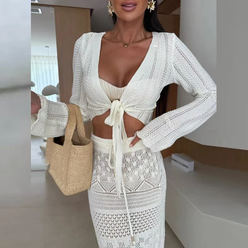 Long Sleeved Knitted Beach Two Piece Sets Womens Vneck Top with Skirt Sexy Suit White Slim Jacquard Outfit 250729