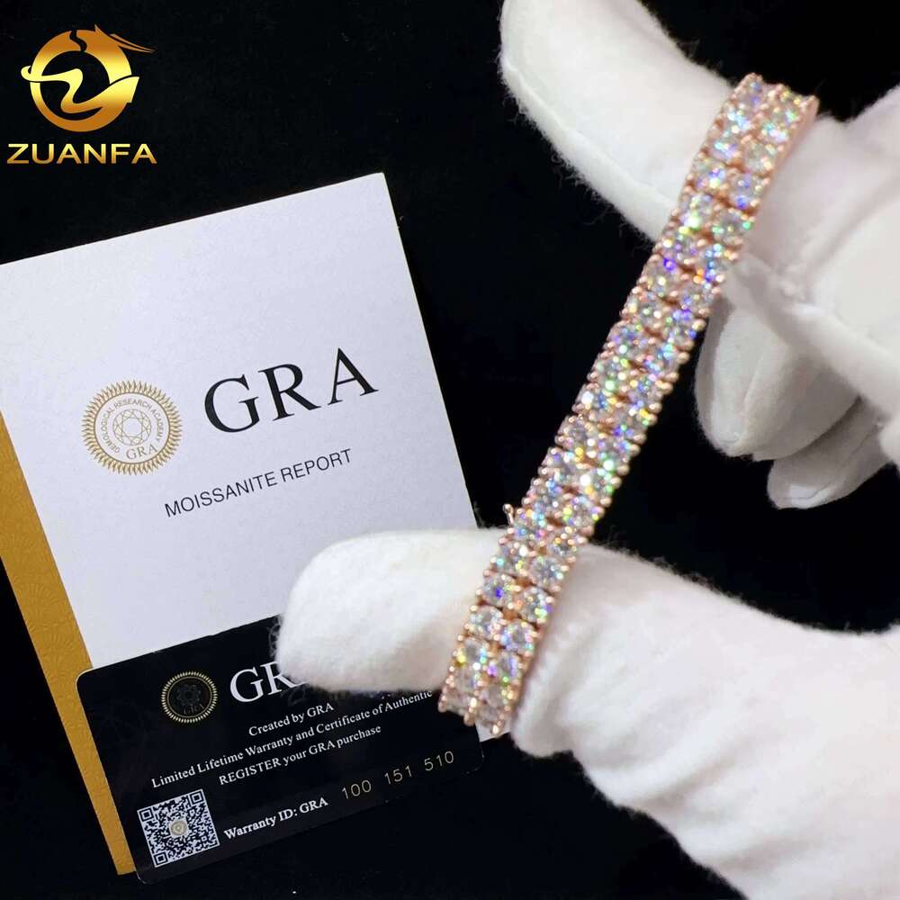 Two Rows Real Gold Plated Sterling Sier Vvs Moissanite Hip Hop Jewelry Lab Tennis Chain Bracelet