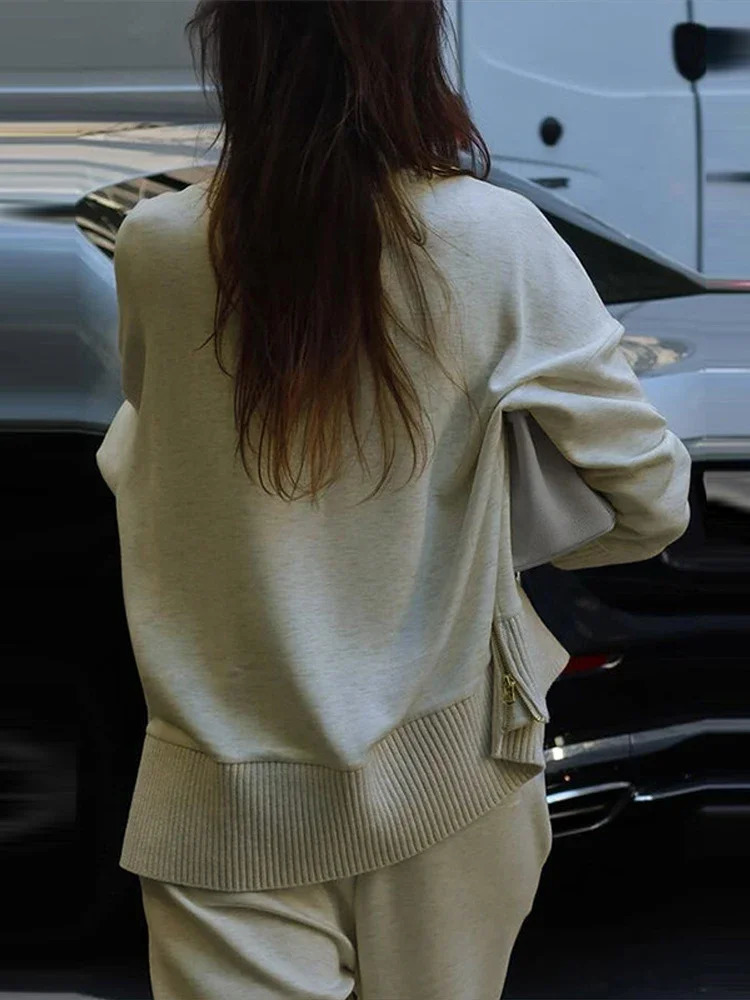 Elegant Knitted Sweater Pants Set for Women Zipper Turtleneck Long Sleeve Tops Wide Leg Trousers Spring Casual Loose Outfits 250729