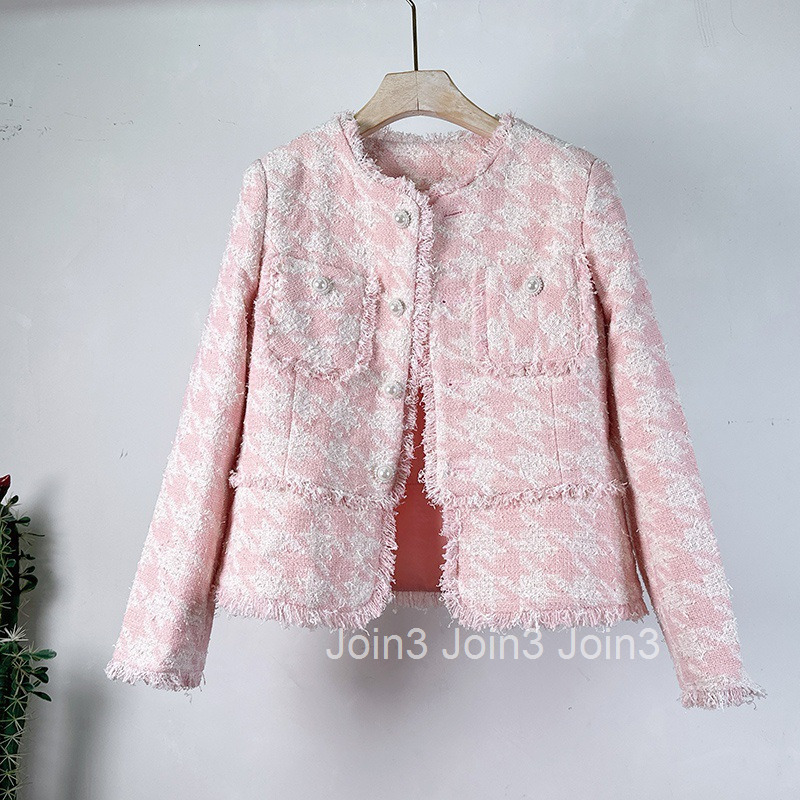 Early Autumn and Winter New Fashionable French Style Pink Thousand Bird Plaid Fleece Thick Tweed Tassel Fleece Coat Small Fragrant Girl