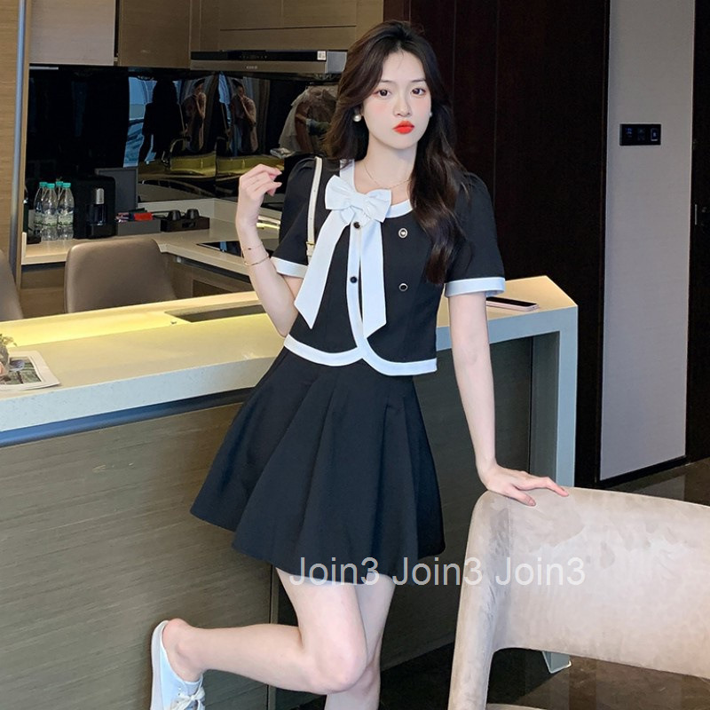 Summer New French Style Small Fragrance Lace-Up Bow Collar Cardigan Short Sleeve Top High Waist Skirt Set