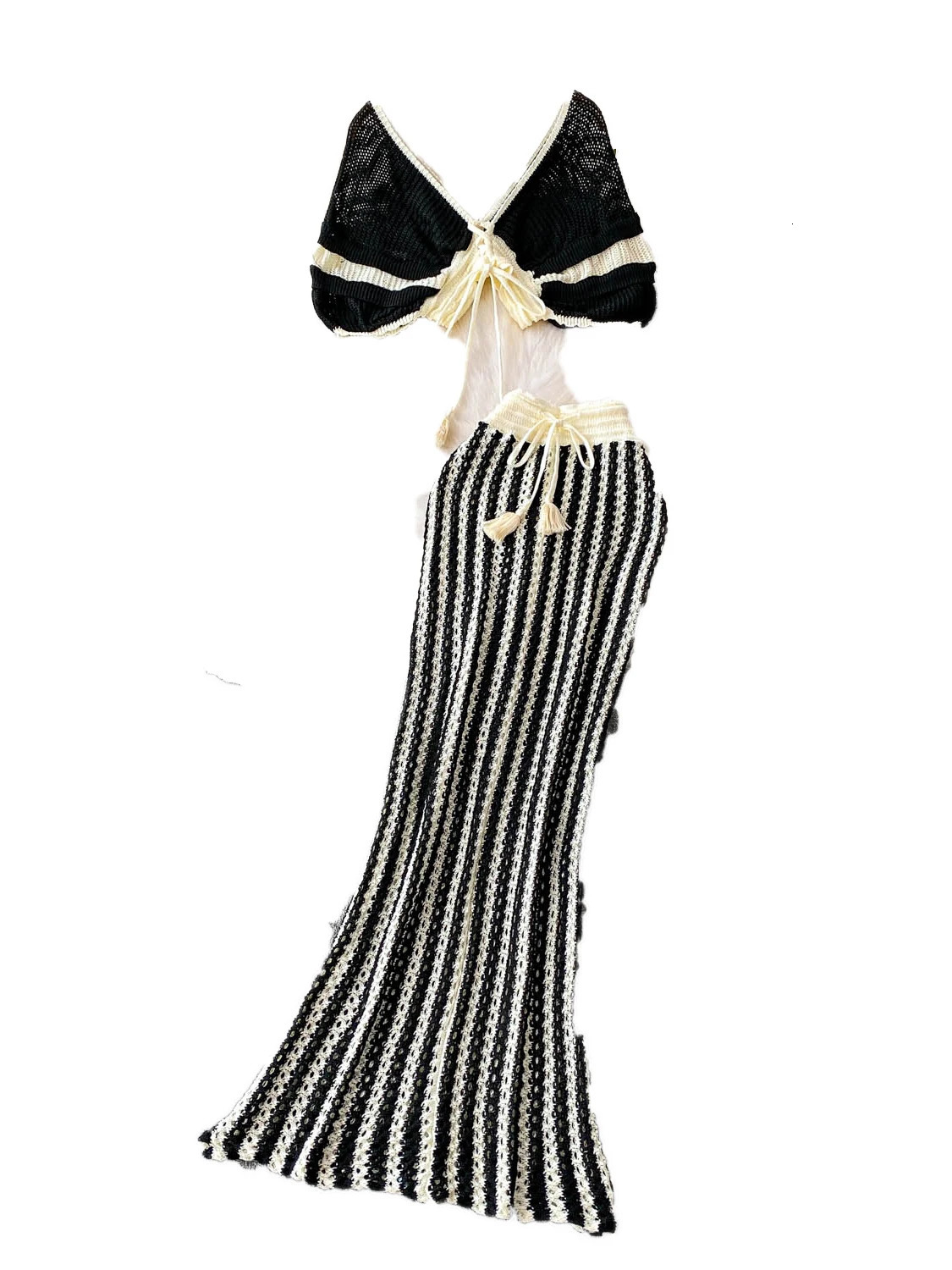 Summer Women Deep Vneck Short Sleeve Knitted Tops High Waist Lace Up Striped Long Wrap Skirt Twopiece Set 250729