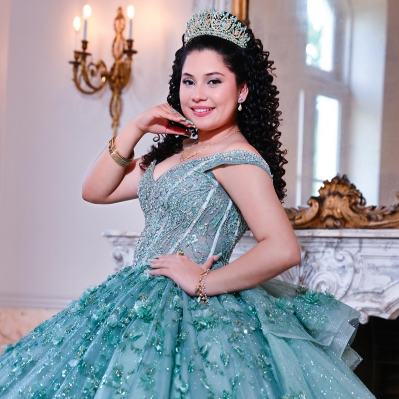 Water Blue Shiny Quinceanera Dresses Off The Shoulder Sequin Appliques Flower Beading Tull Ball Gown Lace Up Vestidos De 15 Anos Sweet 16 Dress