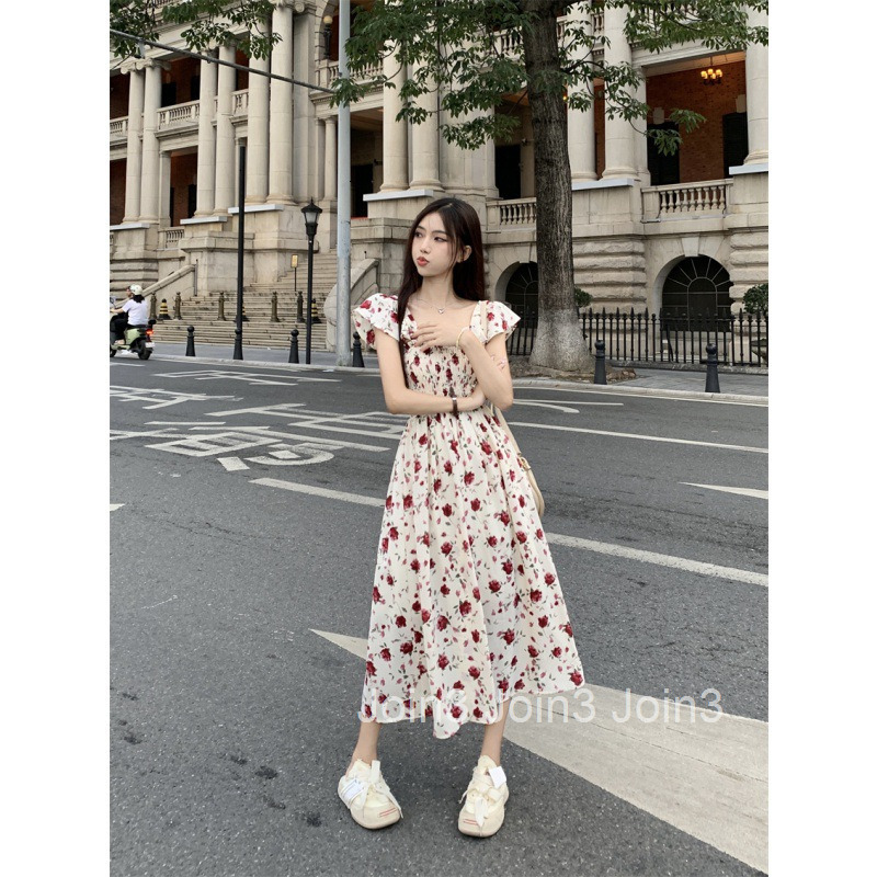 Summer New French Style Elegant Strap Long Dress Vacation Waist-Cinching Floral Print Small Flutter Sleeve Dress