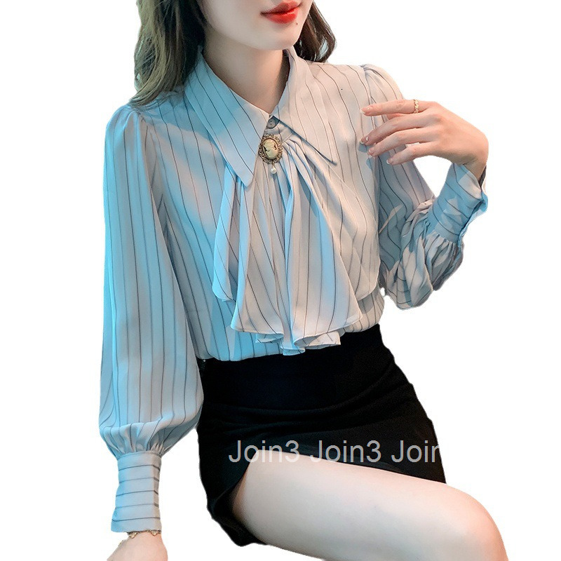 Spring and Autumn New Style Socialite Plus Size Womens Professional Internet Celebrity Youthful Striped Long Sleeve Shirt Womens Blouse Top
