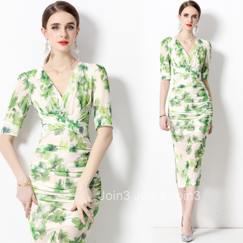 Summer New Fresh Elegant High Waist Mid-Sleeve Printed Dress Mid-Length Slim Fit Slit Bodycon Dress