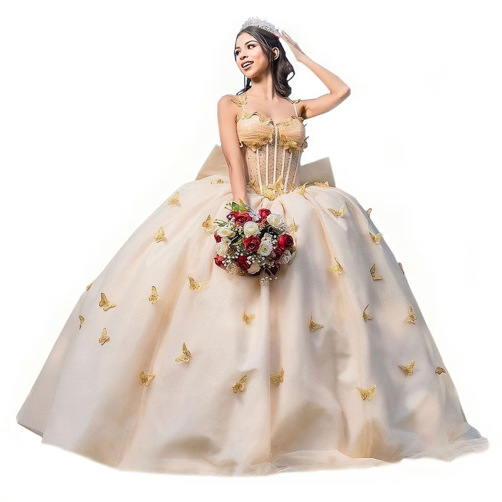 Ball Gown Quinceanera Dresses Gold Butterfly Big Bow Spaghetti Strap Tulle Lace-up Plus Size Sweet 15 16 Princess Birthday Party Gowns Vestidos De 15 