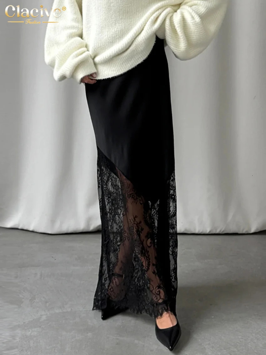 Clacive Fashion Loose Black Satin Patchwork Women Skirt Casual High Waist Ankle Length Skirts Elegant Classic Female Clothing 250729