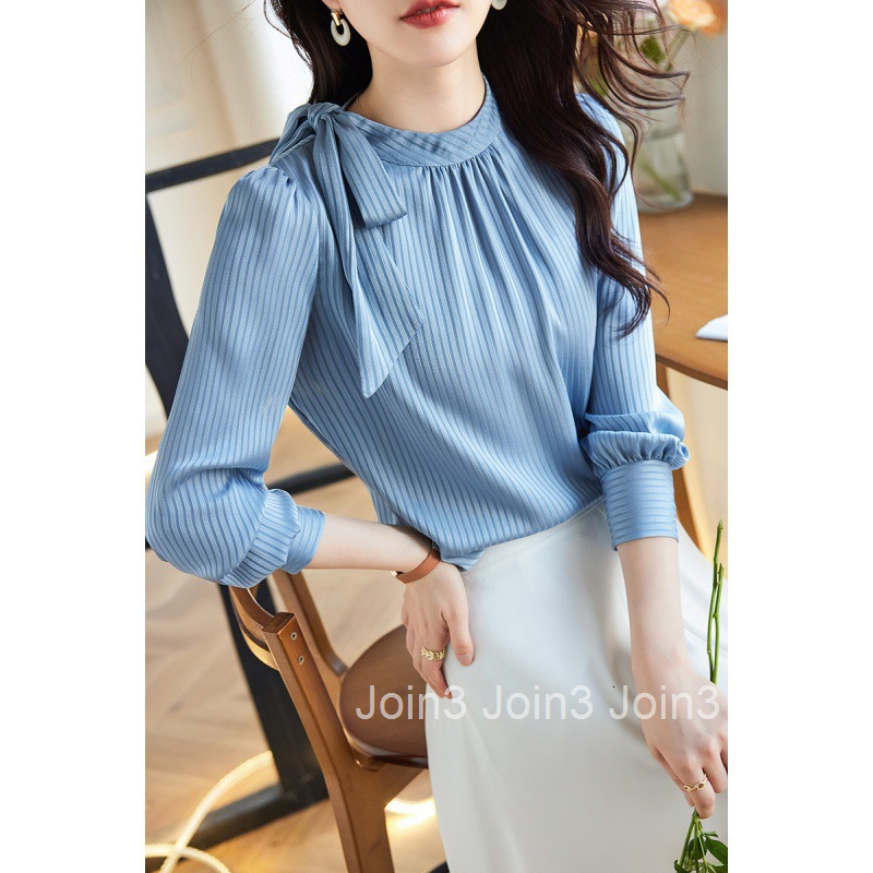 Spring and Autumn New Tie Shirt Womens Professional Style Blue Striped Chiffon Long Sleeve Shirt Womens Top
