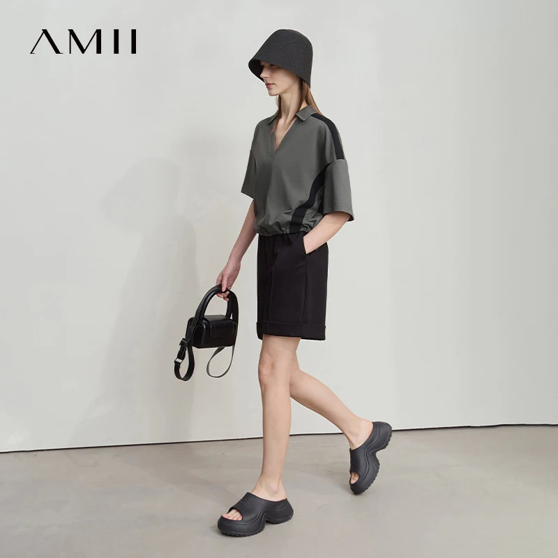 Amii Minimalist Cotton TShirts For Women 2025 Summer VNeck Pullover Loose Short Shoulder Sleeve Chic Commute Tops 12552001 250724