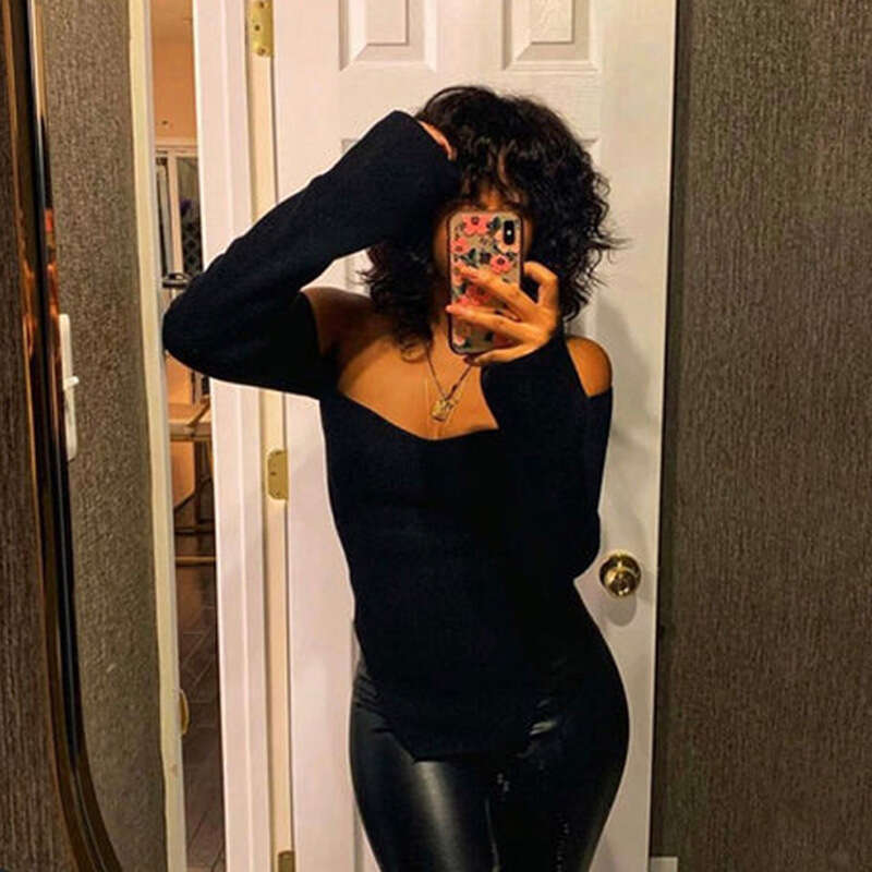 Autumn Winter Elastic Off-Shoulder Base Knit Sweater Women's Top B5