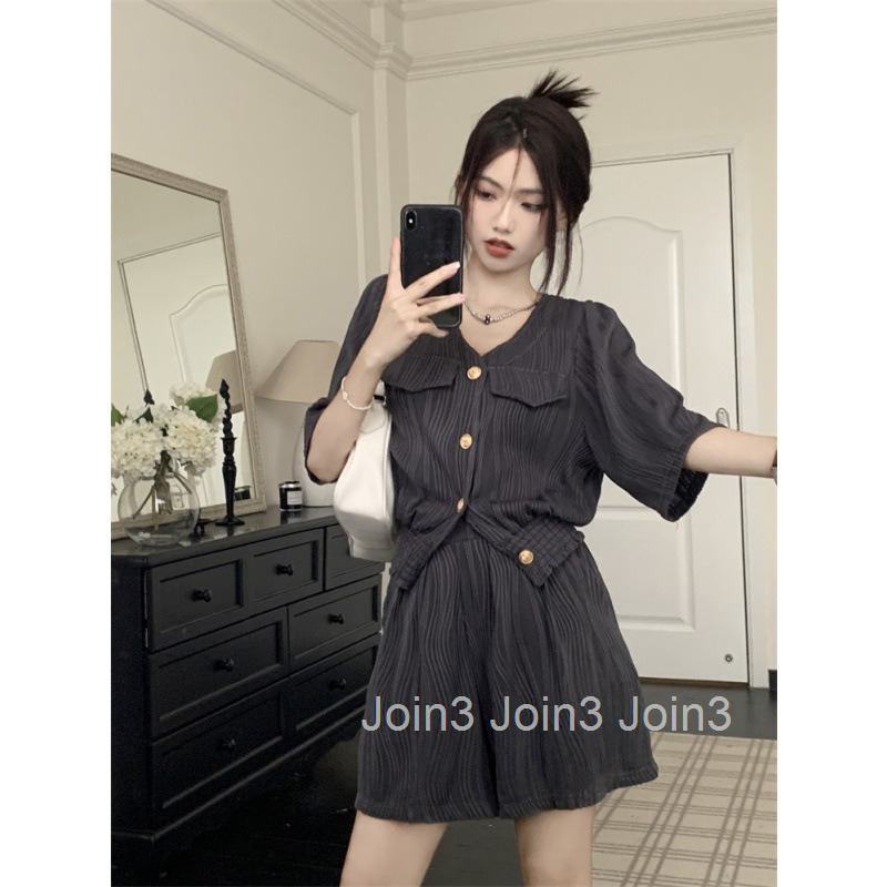 Summer New Socialite Simple Casual High J-Sense Mid-Sleeve Cardigan Top + Wide-Leg Shorts Set for Women