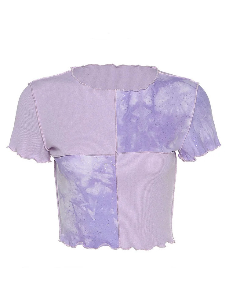Chic Crop Tops Tees Tie Dye With Sequin Patchwork Women Summer Tshirts Ruffles Hem Purple Or Bule Clothes 250724