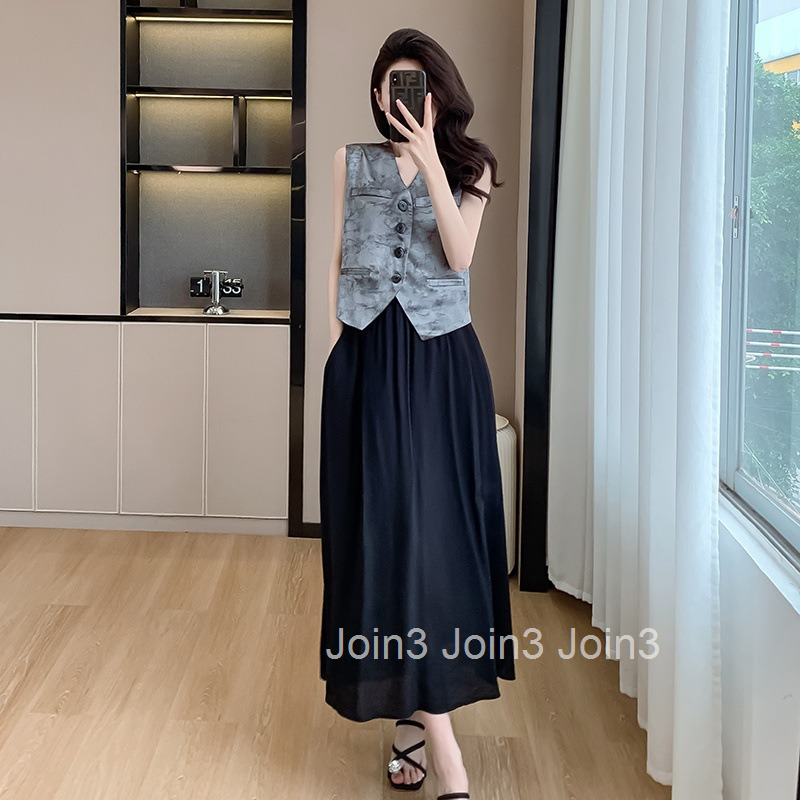 Summer New Slimming Skirt Two-Piece Set Satin Sleeveless Vest Top Half-Length Skirt Set for Women
