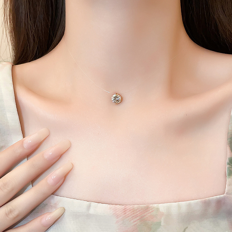 Golden Zircon Pendant Invisible Fishing Line Necklace for Women 2025 New Mermaid Tears Light Niche Collarbone Chain Accessory Jewelry for Women Jewelr