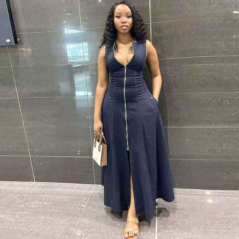 Elegant Sleeveless Casual Dress With Waist Zipper And Long Skirt For Commuting B5