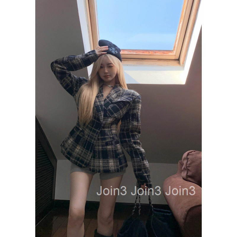 Autumn Winter American Style Socialite Plaid Waist Slimming Padded Blazer Long Sleeve Wool Coat Women Mid-Length Top