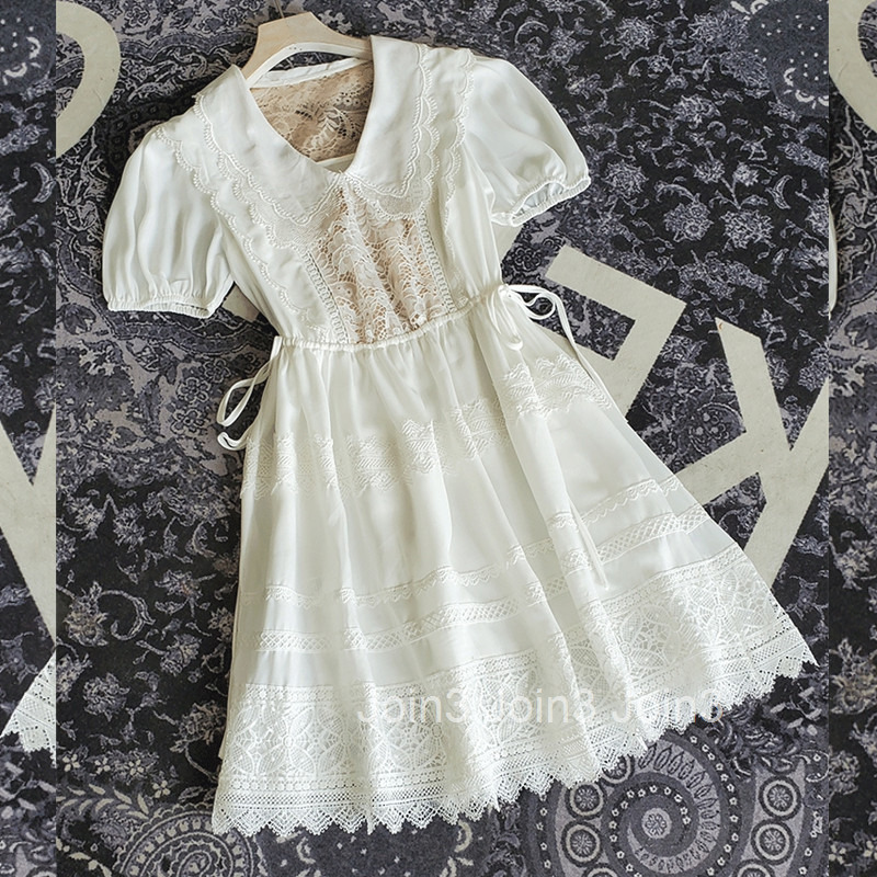 French Style Elegant Heavy Craft Mid-Length Dress Summer New Fashion Slim Fit Doll Collar Hollow Short Sleeve Dress Nanyou