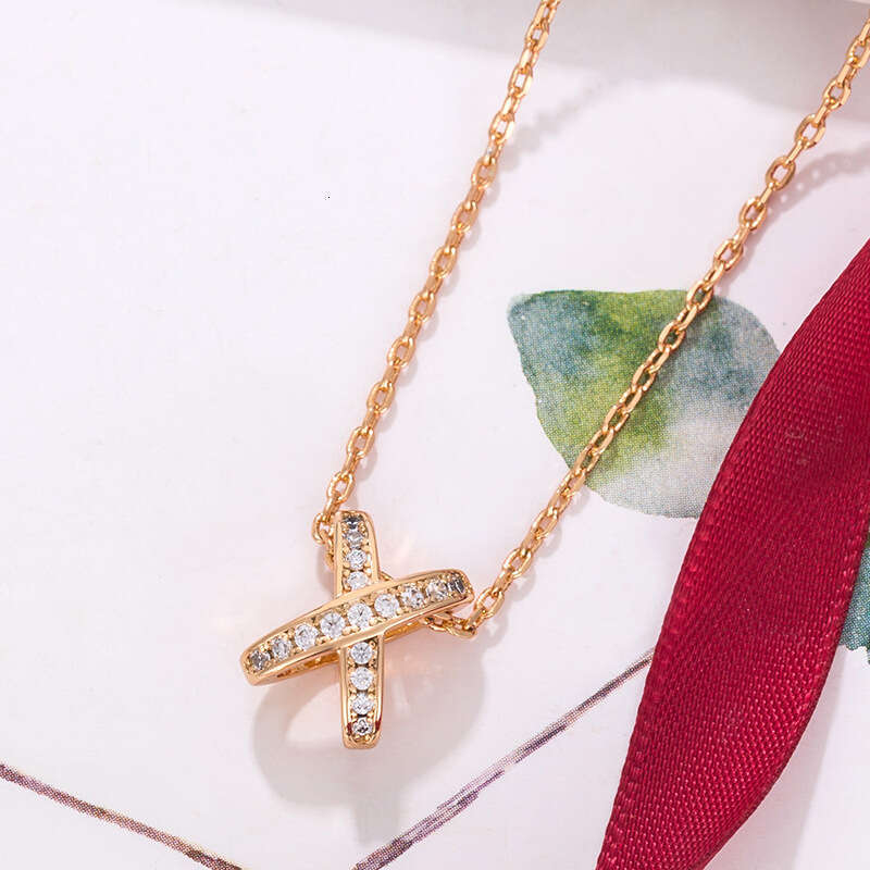 Shangmei Cross Hollow Necklace for Women Rose Gold X-shaped Dia-studded Clavicle Chain Light Exquisite High Version