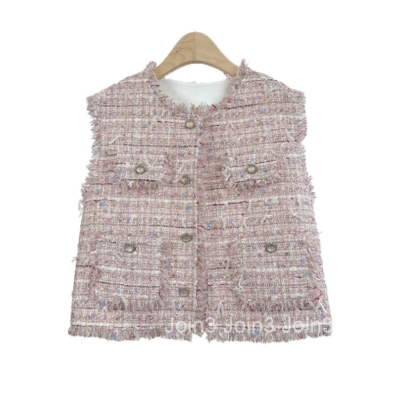 2025 Spring New Small Fragrance Style Pink Blue Sequin Heavy Craft Socialite Light Luxury Age-Reducing Versatile Commuting Business Vest for Women