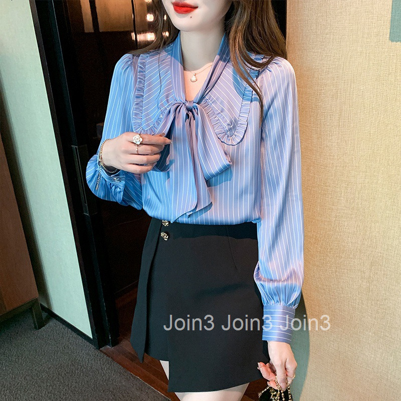 Spring and Autumn New Plus Size Womens Professional Blue Striped Chiffon Long Sleeve Shirt Fashionable Elegant Shirt