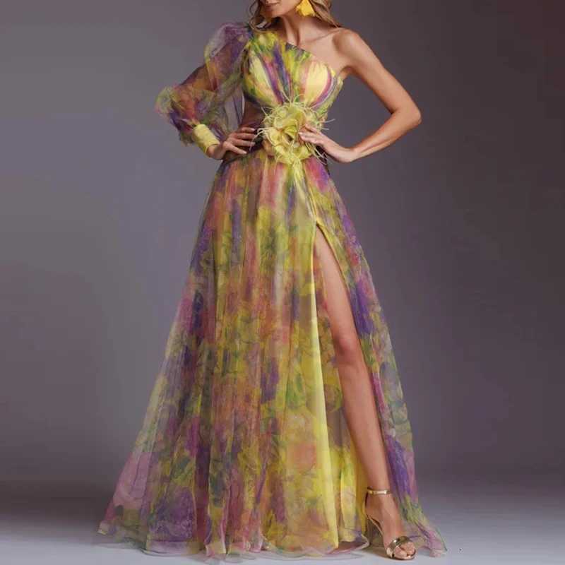 Elegant Slash Neck High Waist Gala Dress Fashion One Shoulder Long Sleeve Evening Dress Casual Graphic Mesh Party Dress for Women Z250728