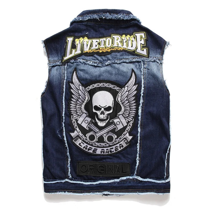 Mens Punk Style Denim Vests Skull Embroidery Sleeveless Waistcoat Jacket Streetwear Hip Hop Jeans Vest 250717