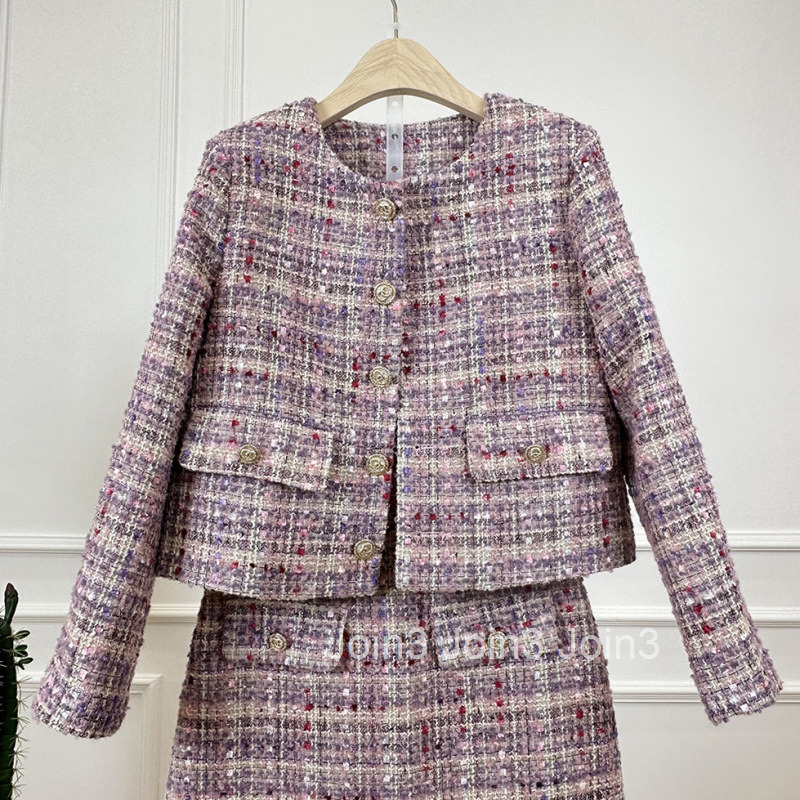 Autumn Winter French Style Elegant Short Skirt Set for Women Gentle Niche Round Neck Long Sleeve Jacket Top Half Skirt Set