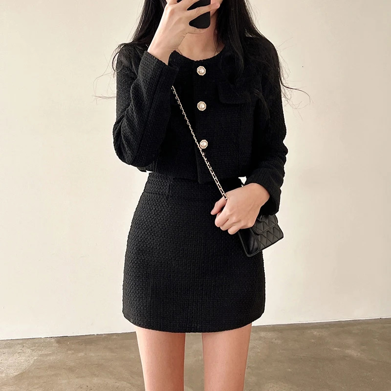 Chic Solid Tweed Two Piece Sets Women Long Sleeve Pearl Buttons Short Jacket and A Line Mini Skirt Set for Autumn Winter Outfits 250729