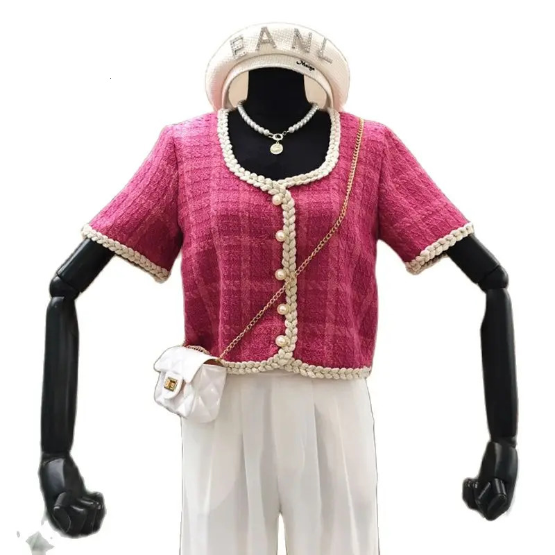 Summer Elegant Retro Short Korean Plaid Tweed Cardigan Women Fashion Sleeved Thin Jacket Female Top 250729