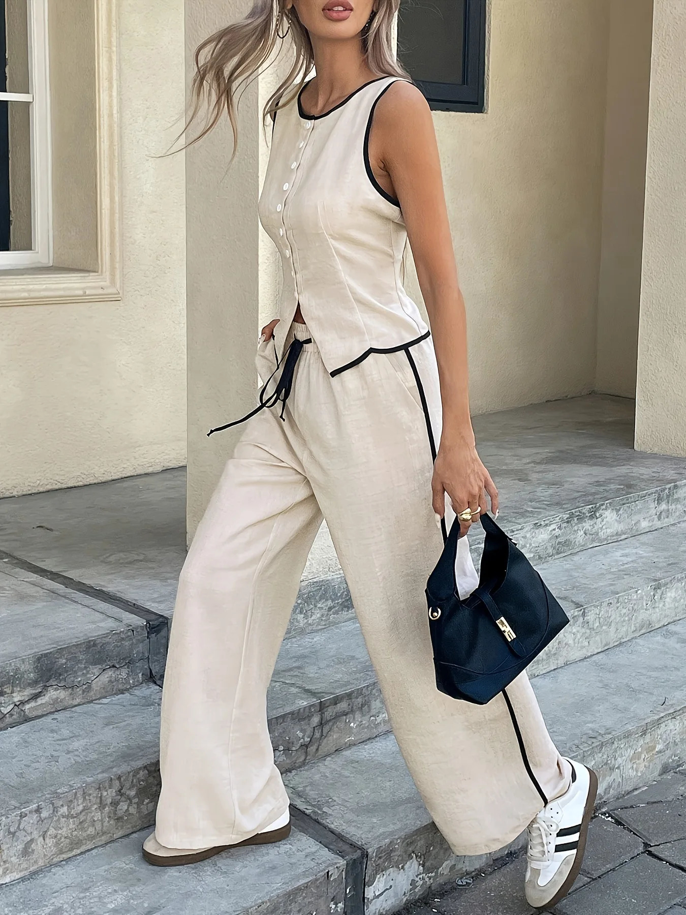 Summer Female Vest Pants Set Solid Sleeveless VNeck Top High Waist Casual Loose Twopiece Office Lady Suit Street 250729