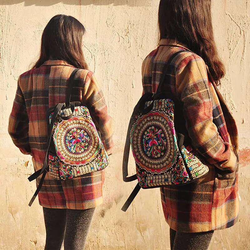 Vintage Artistic Embroidered Women Canvas Backpacks Handmade Floral Embroidery Rucksack Schoolbag Denim Travel Bags