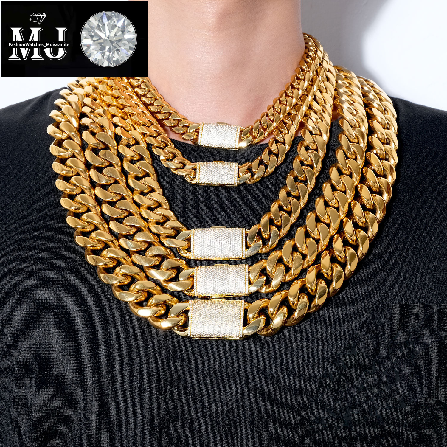 12/14/18/20/22mm Stainless Steel Hip Hop Gold Plated Cuban Chain Micro Paved Zircon Clasp Necklace