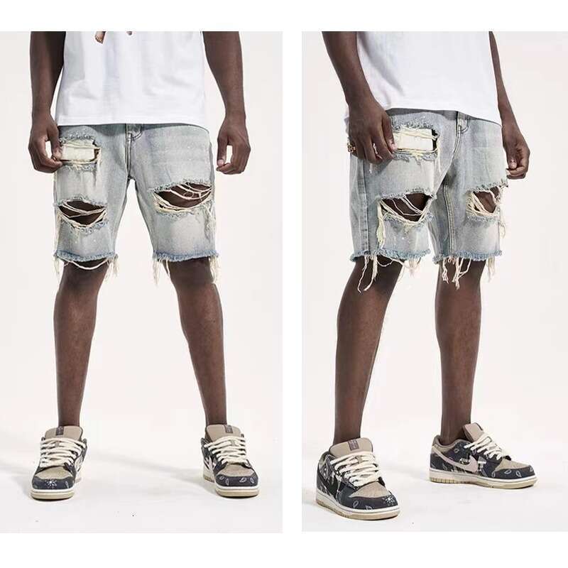 High Street Distressed Shorts for Men, Plus Size, Vintage Frayed Edge, Beggar Denim Five-Point Shorts, Ins Style