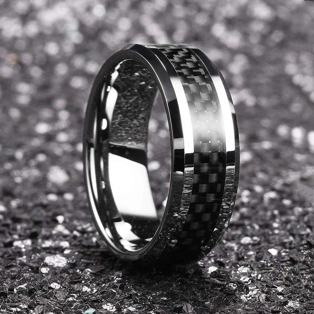 Vintage Silver Color Stainless Steel Rings for Men Black Carbon Fiber Ring Wedding Jewelry Christmas Gift Accessories 250729