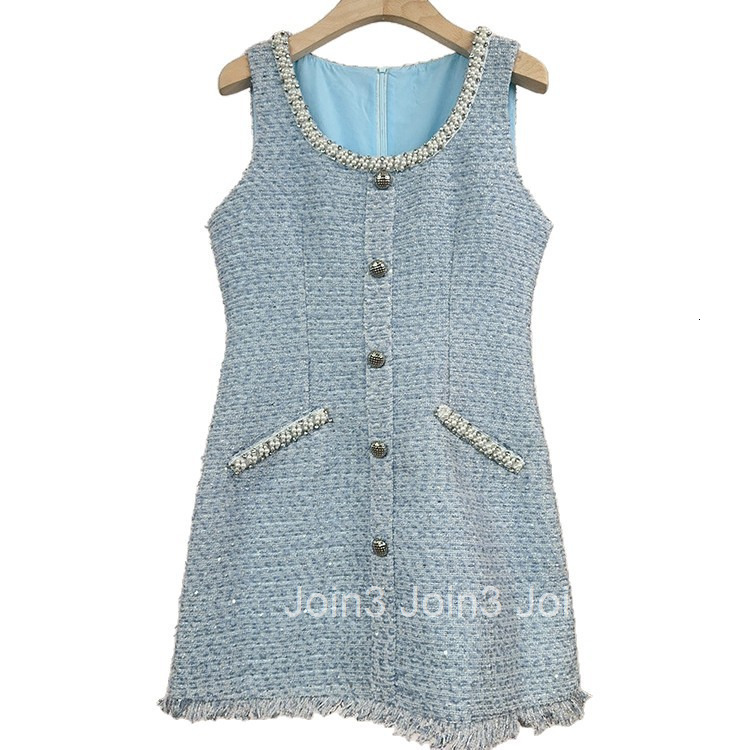 Summer New French Style Pearl Embellished Round Neck Slim Fit Sleeveless Tank Dress Short Skirt