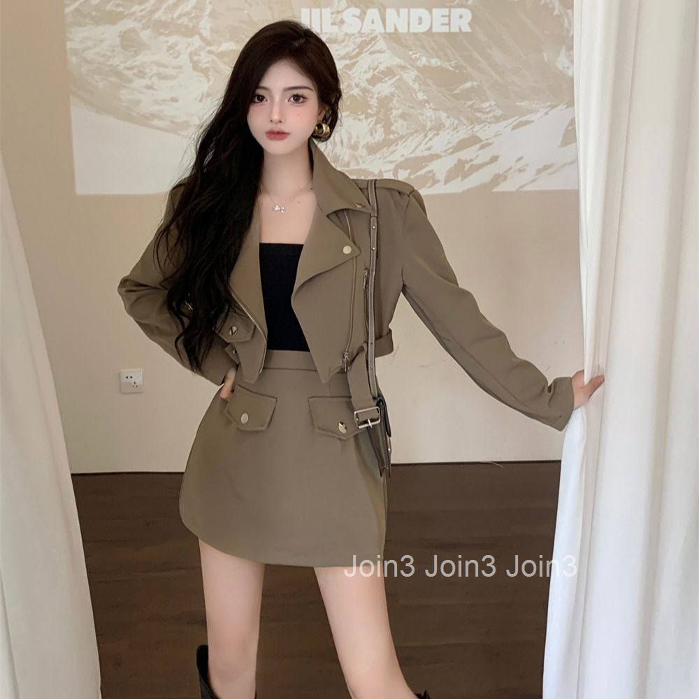 Autumn Winter French Style New Trendy Motorcycle Collar Long Sleeve Jacket Short Coat Trench Coat + Skirt Set for Women