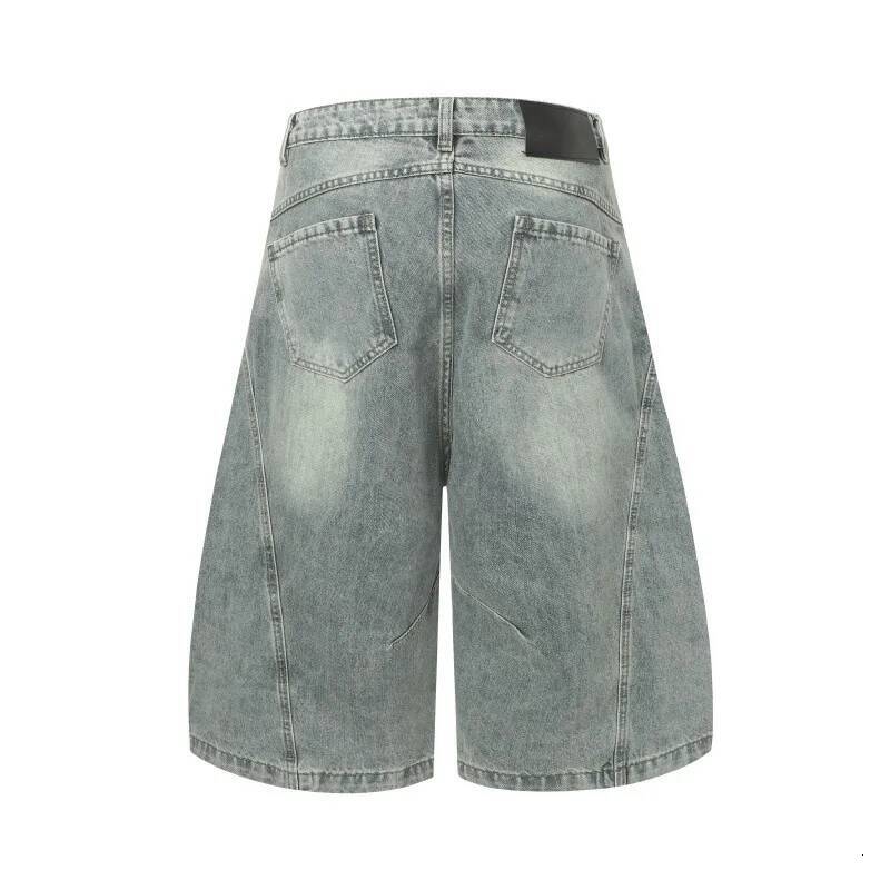 Deconstructive Curved Blade Harem Denim Ripped Blue Vintage Washed Shorts Hip Hop Baggy Wide Leg Crop Jeans