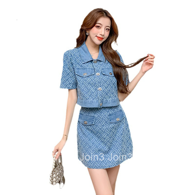 2025 Summer New Fashion Womens Stylish Street Style Short Sleeve Denim Top Bodycon Short Skirt Two-Piece Set for Women