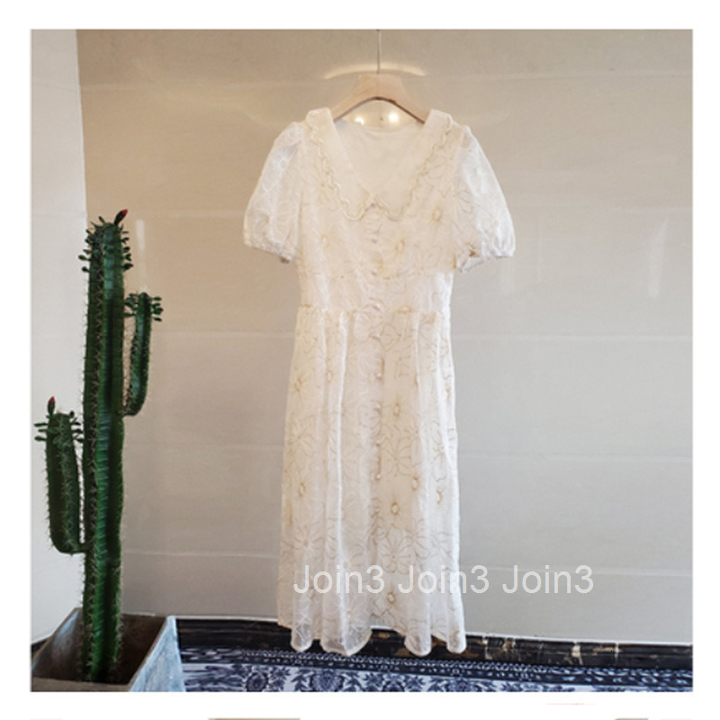 Summer New Embroidered Beaded Shirt Mid-Length Dress Pear-Shaped Body Slimming Fashion Short Sleeve Dress