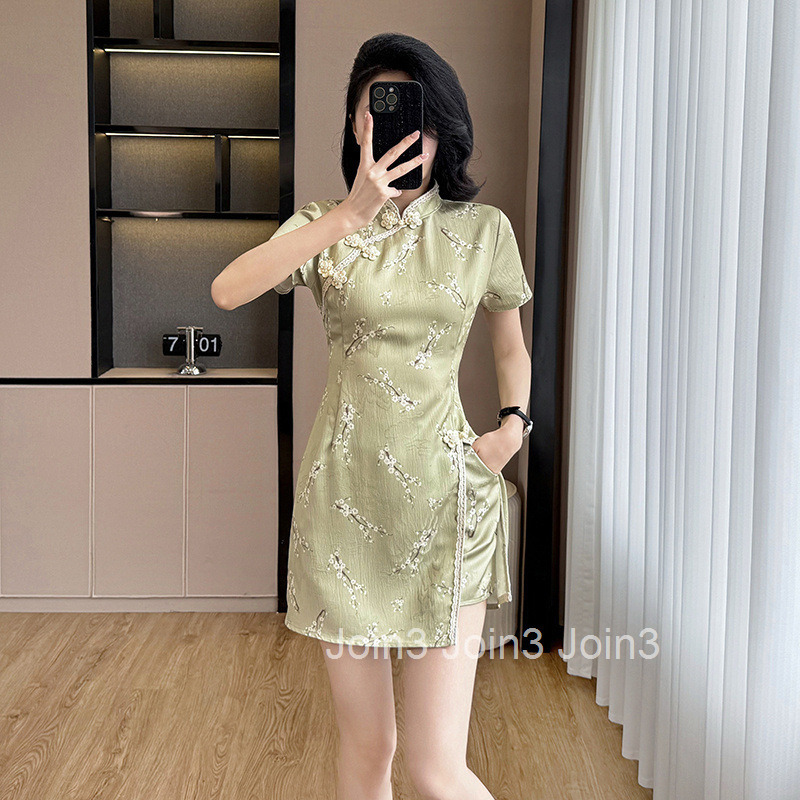 Summer New Plus Size Womens Jacquard Lace Sweet Floral Improved Cheongsam Short Sleeve Dress + Shorts Set