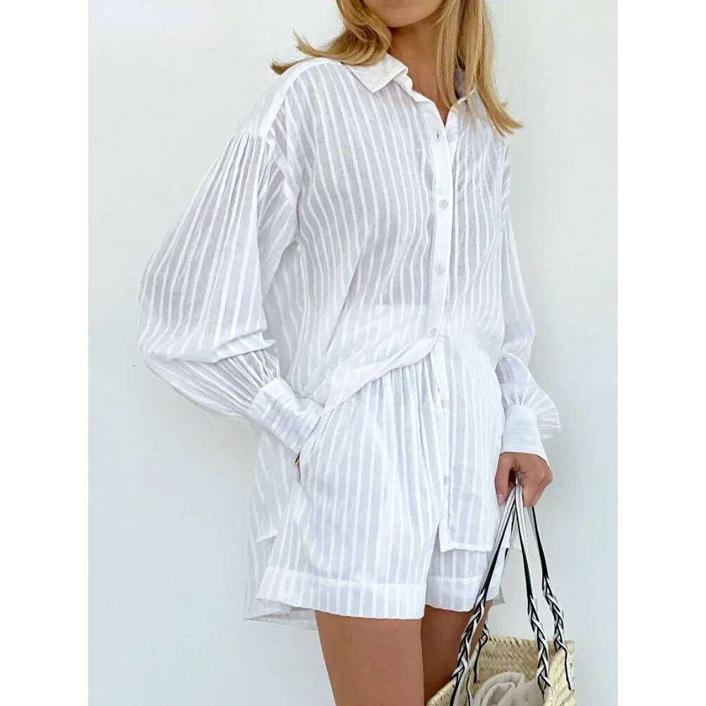 Wolfeel Casual Sets Striped Jacquard 2 Pieces Cozy Lapel Lantern Sleeve Shirt Summer Outfit Elastic Waist Shorts Suits