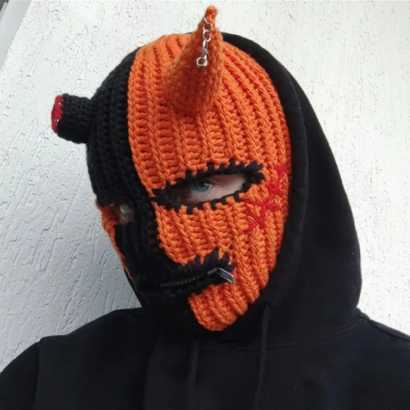 Funny Horns Knitted Hat Cosplay Halloween Masquerade Beanies Warm Full Face Cover Ski Mask Hat Windproof Helmet Trick Scare Prop 250724