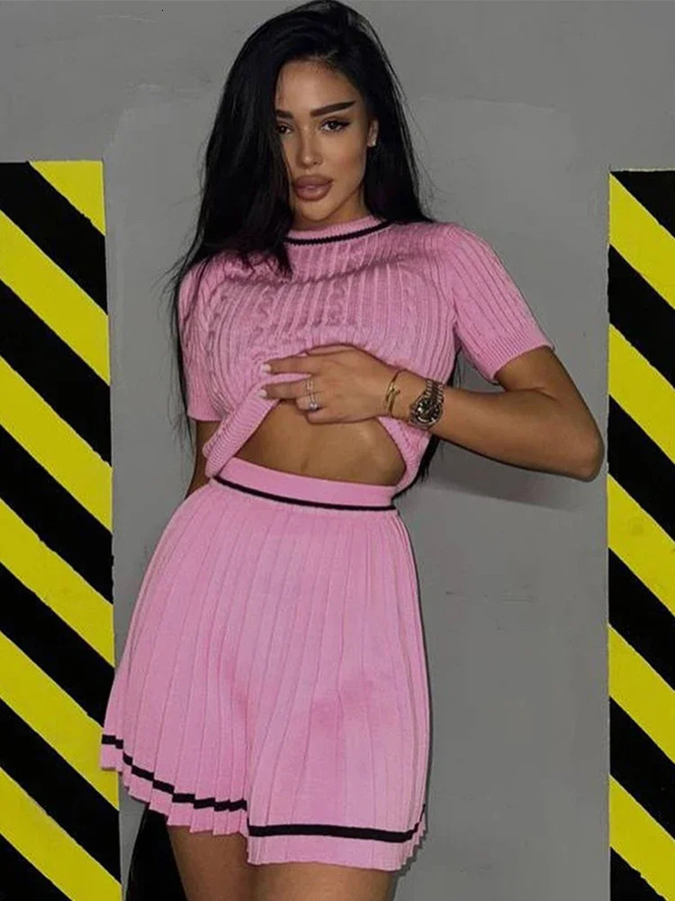 2 Pieces Knitted Sweater Pleated Skirt Sets for Women Striped Short Sleeve Twist Oneck Pullover Mini High Waist Skirts Suits 250729