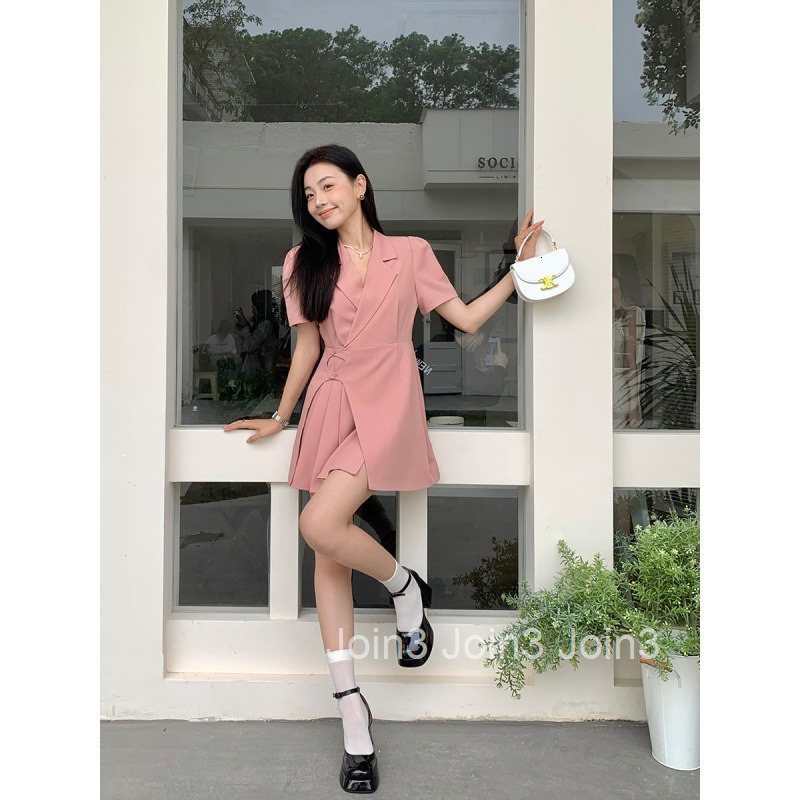25 Summer New Fashion Elegant Suit Collar Slim Fit Short Sleeve Dress Pleated Short Skirt A-line Skirt